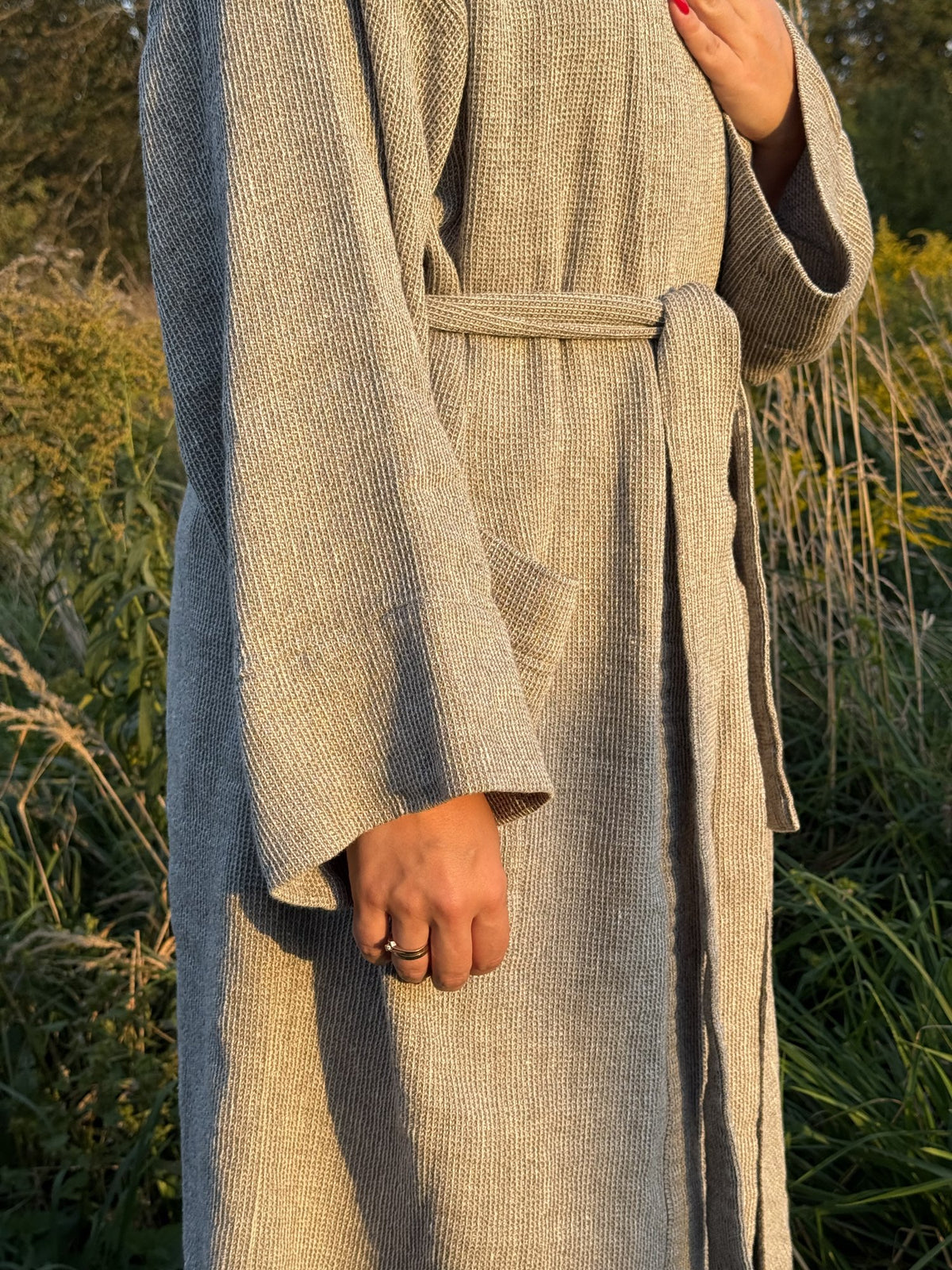 Linen robe with recycled denim