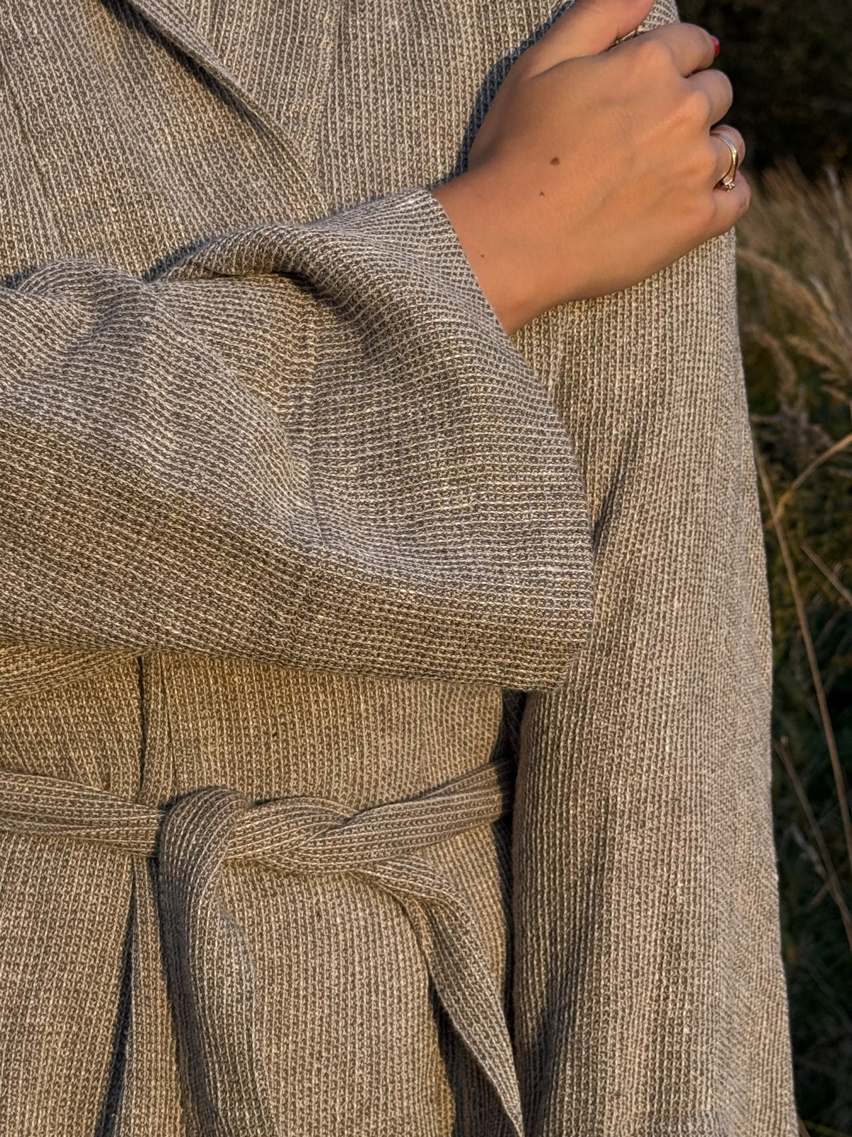 Linen robe with recycled denim